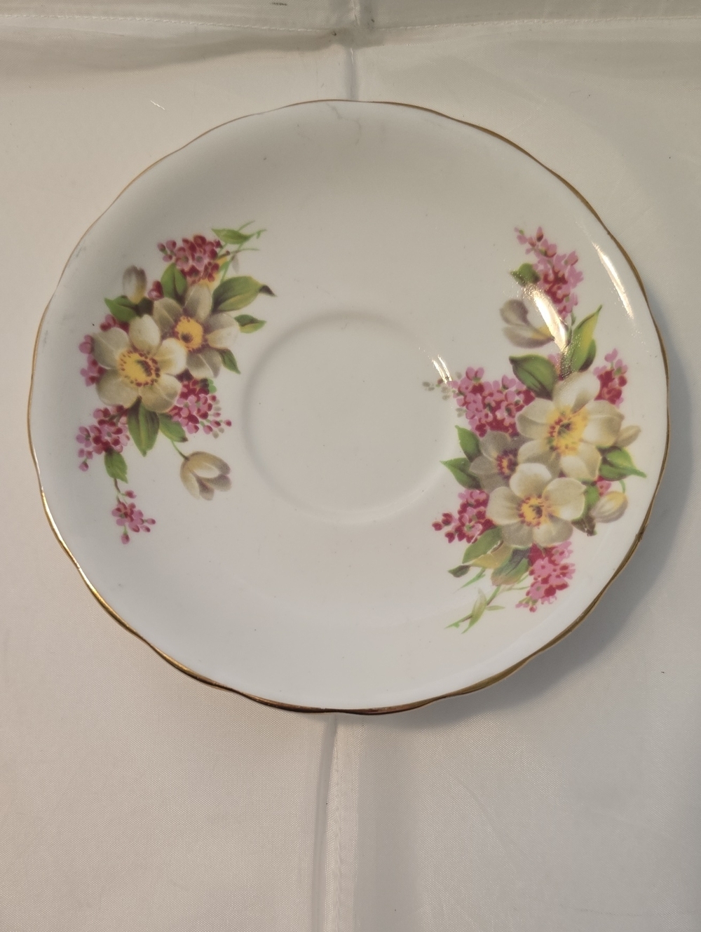 Vintage Clarence Bone China England Floral Saucer Gold Trim Pink Flowers